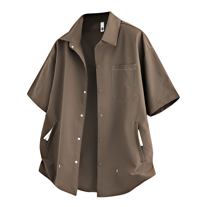 夏季经典纯色百搭翻领男士短袖衬衫青少年日常休闲宽松透气上衣