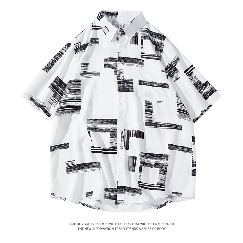 2025夏季新款宽松翻领时尚潮流青少年T恤短袖上衣 衬衫 大码满印男