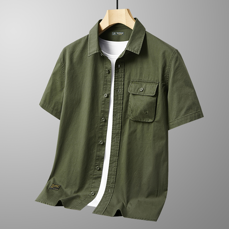 普风男士短袖衬衫纯棉中青年翻领工装多口袋大码宽松衬衣上衣夏季薄