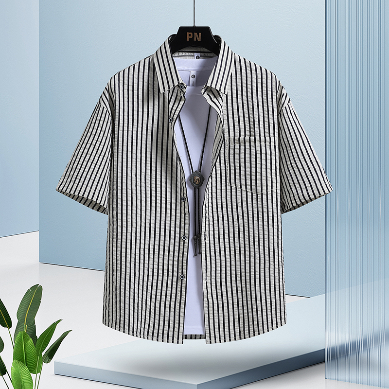 条纹衬衫男夏季薄款透气短袖衬衣男潮流休闲男上衣纯色体恤男个性短袖男