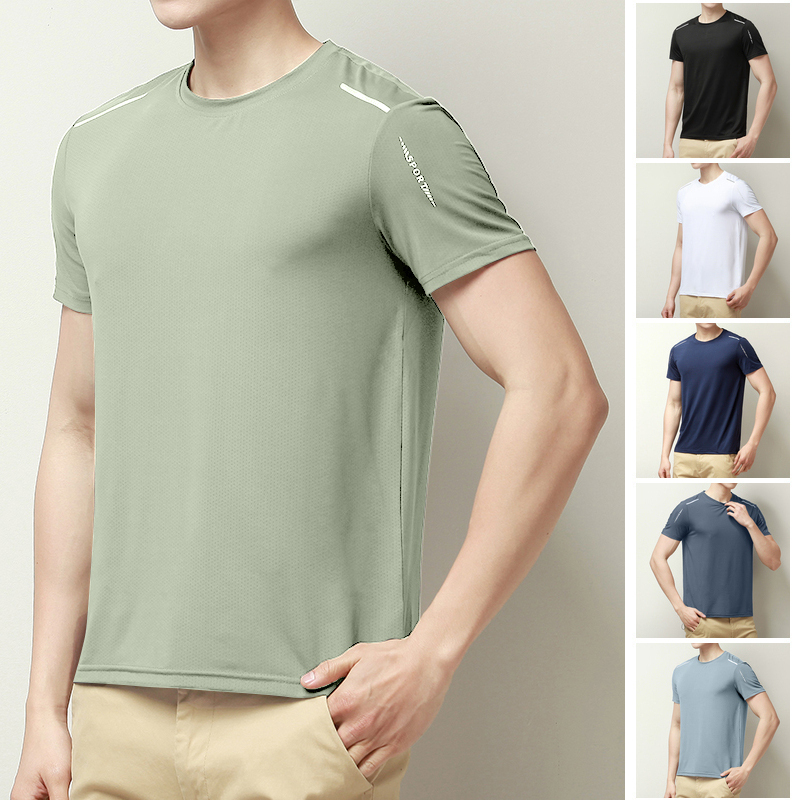 2025新款夏季男装半袖男时尚圆领冰丝t恤男士运动休闲跑步上衣男士轻薄透气健身短袖男士户外速干衣